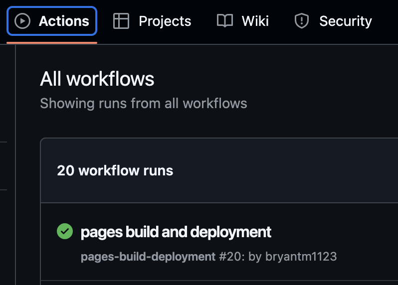 workflow runs in Actions tab